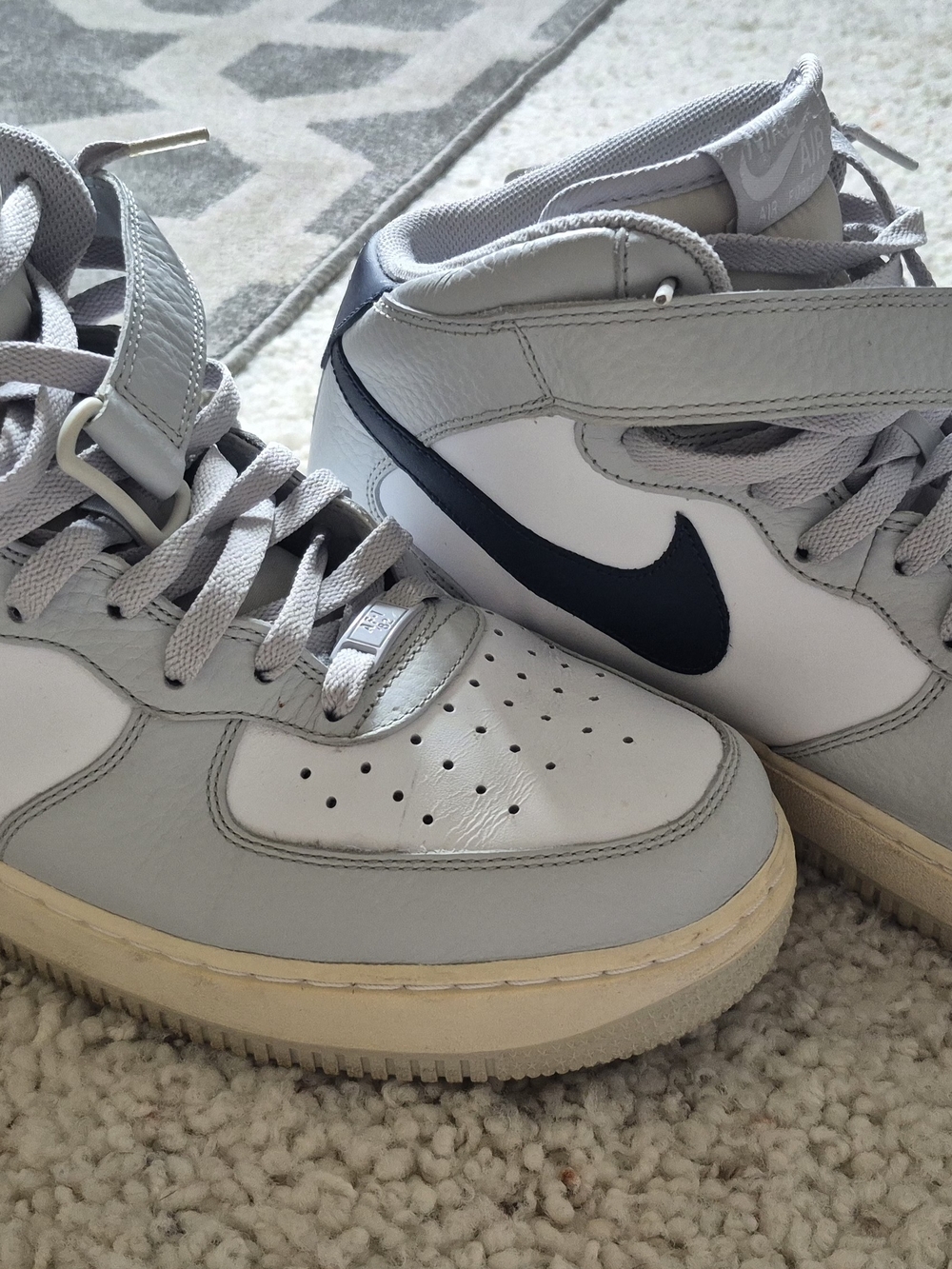 Nike Air Force 1 Mid Sneakers - Light Gray & White with Navy Swoosh